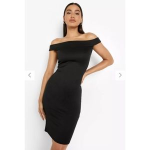 NWT Boohoo Bardot Off Shoulder Curved Neckline Bodycon Mini Dress Black - 4/6